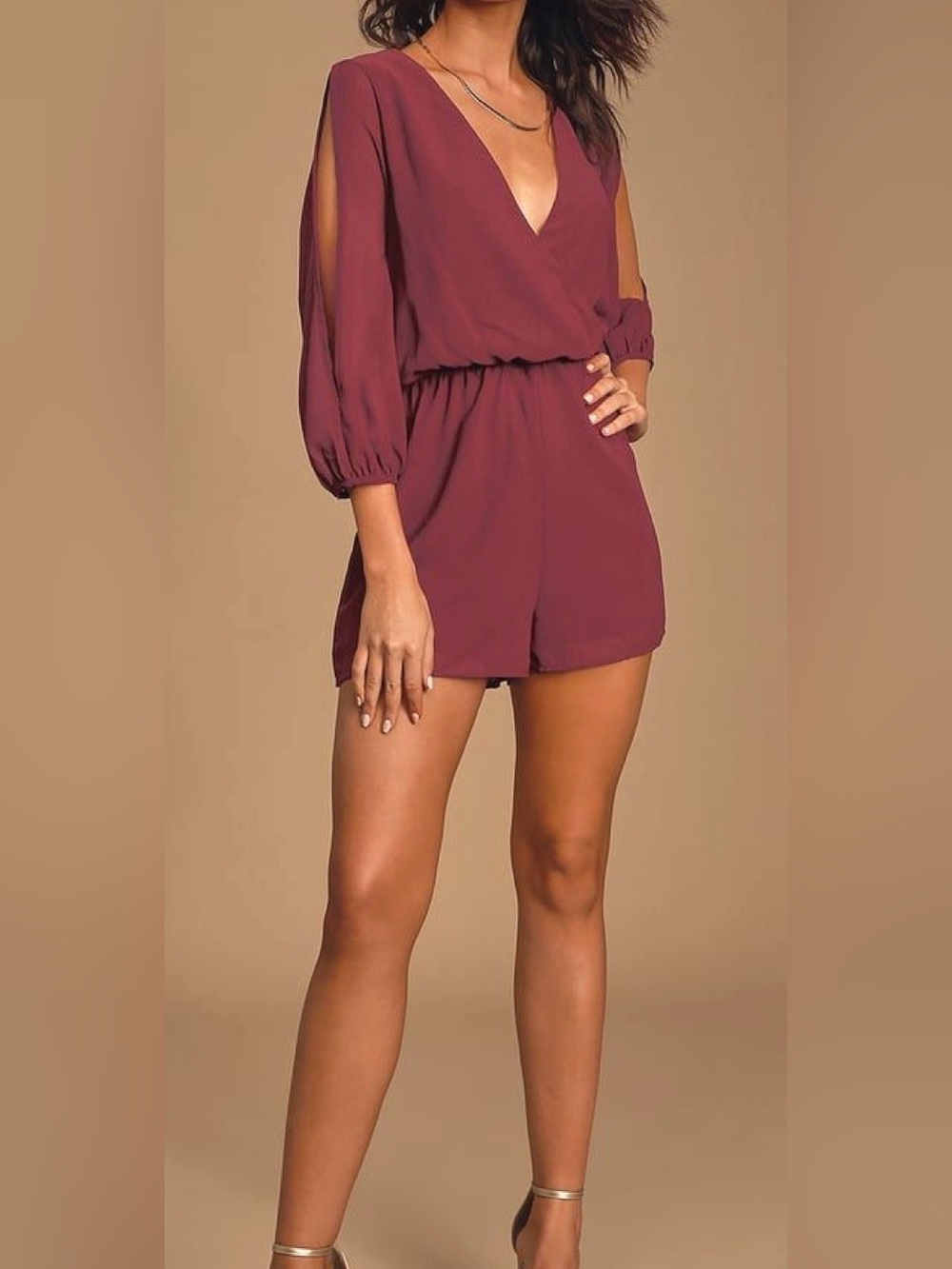 Lulu's Love and Luck Burgundy 3/4 Sleeve Plunging Bodice Romper Women’s Size XL